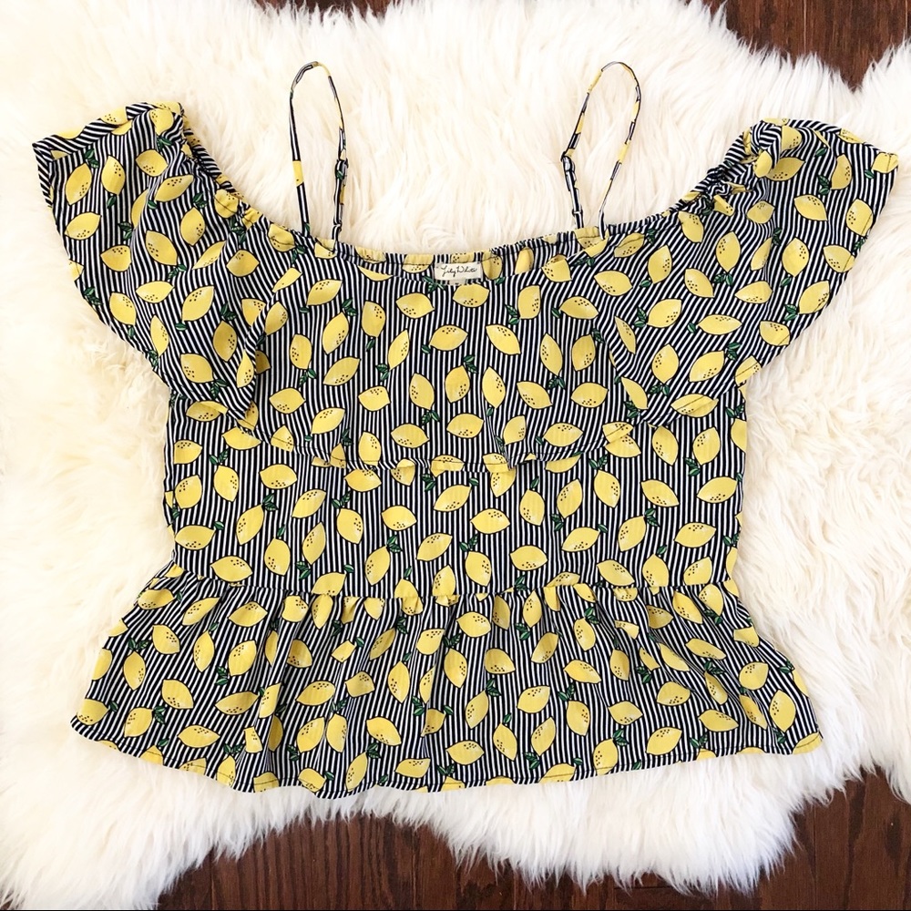 Lily White Black & White Striped Lemon Print On/Off the Shoulder Top Size M